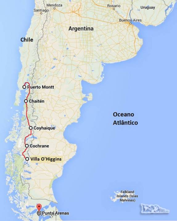 Carretera Austral, ligando Puerto Montt a Villa O'Higgins num percurso de cerca de 1.250 km. O objetivo é, um dia, chegar a Punta Arenas